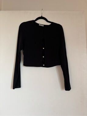 Reformation Black Long-Sleeve Cutout Crop Top with Pearl Buttons
